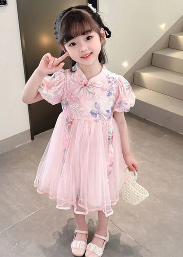 Cute Pink Print Wrinkled Patchwork Tulle Kids Girls Dresses Summer - Image 5