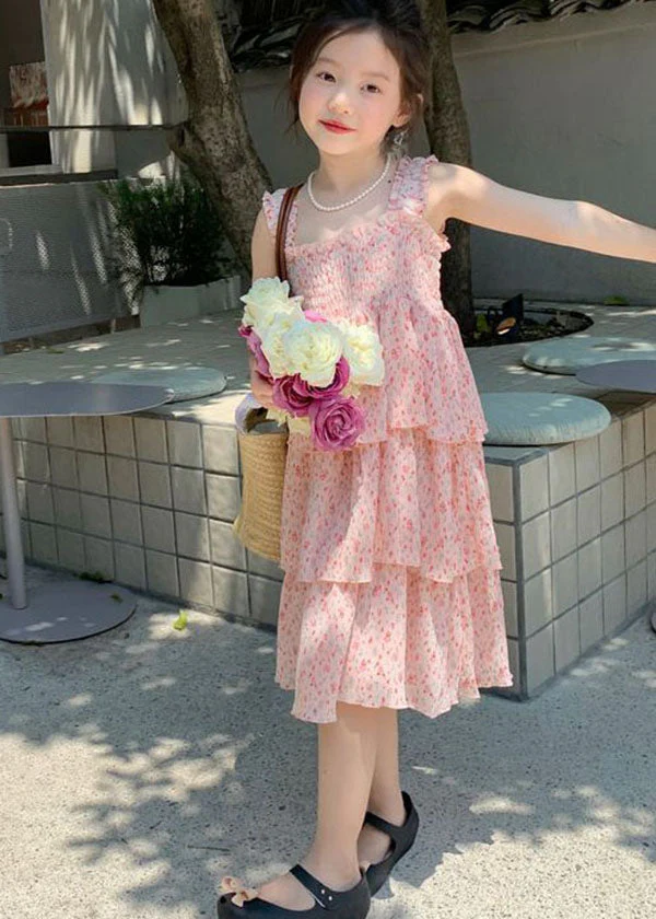 Cute Pink Ruffled Layered Patchwork Chiffon Kids Girls Dress Summer - Image 3