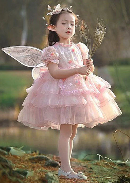 Cute Pink Ruffled Layered Patchwork Tulle Kids Girls Dress Summer - Image 3