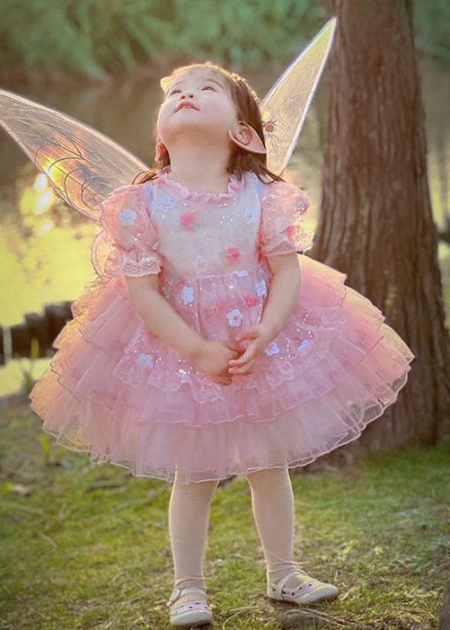 Cute Pink Ruffled Layered Patchwork Tulle Kids Girls Dress Summer - Image 4