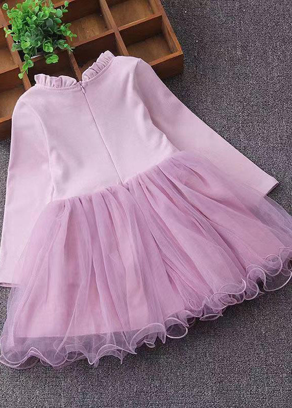 Cute Pink Ruffled Nail Bead Patchwork Tulle Baby Girls Dresses Fall - Image 3