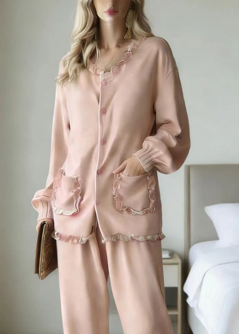 Cute Pink Ruffled Patchwork Pajamas Two Piece Set Long Sleeve - Image 2