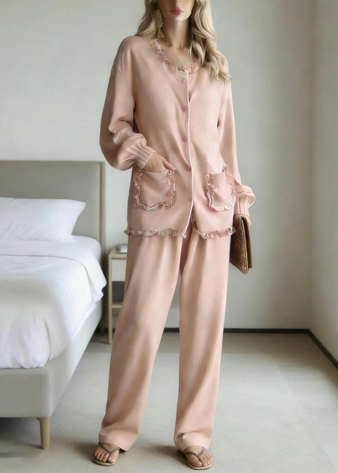 Cute Pink Ruffled Patchwork Pajamas Two Piece Set Long Sleeve - Image 3