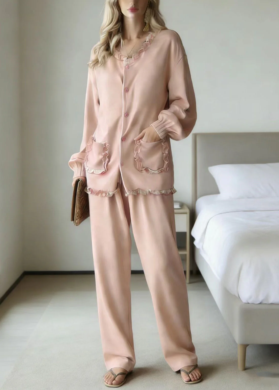 Cute Pink Ruffled Patchwork Pajamas Two Piece Set Long Sleeve - Image 5