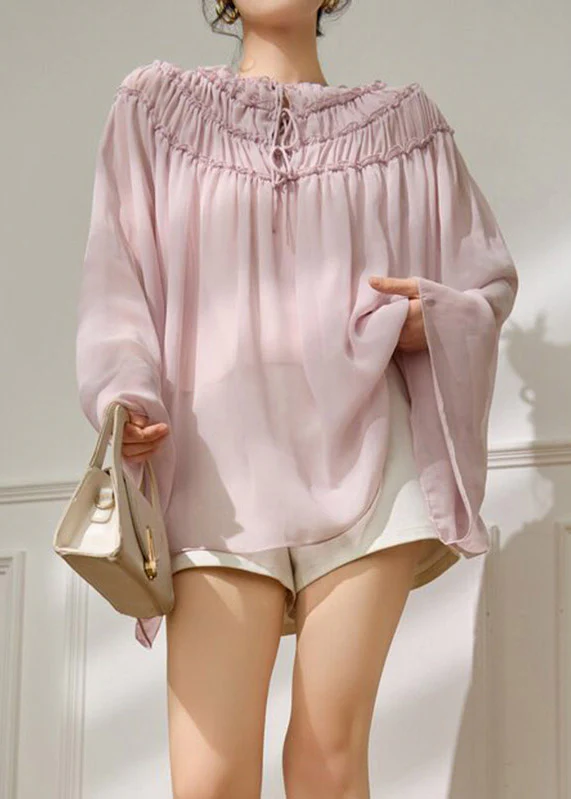 Cute Pink Ruffled Wrinkled Chiffon Tops Batwing Sleeve - Image 2