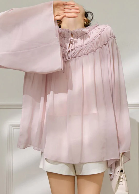 Cute Pink Ruffled Wrinkled Chiffon Tops Batwing Sleeve - Image 4