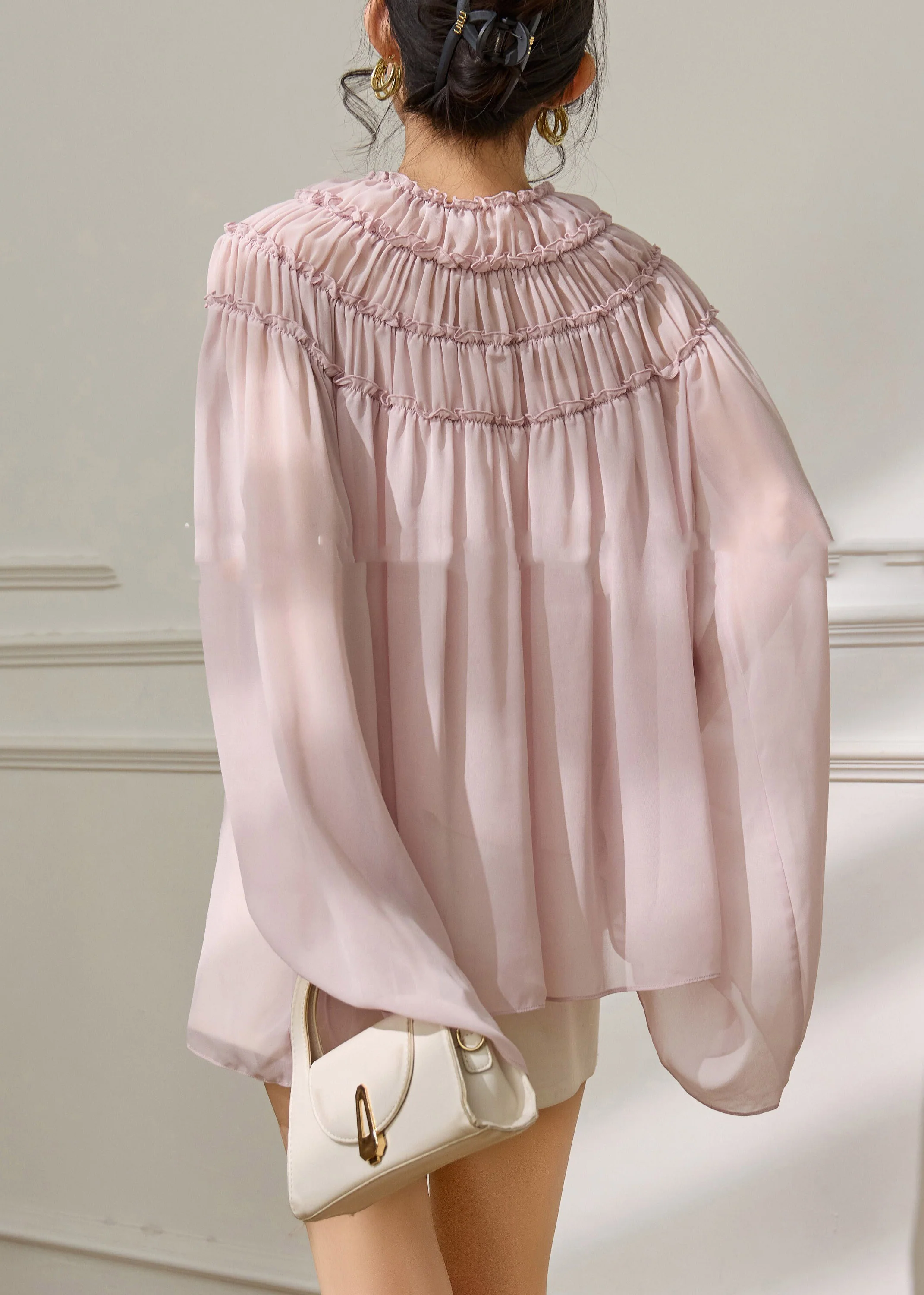Cute Pink Ruffled Wrinkled Chiffon Tops Batwing Sleeve - Image 5