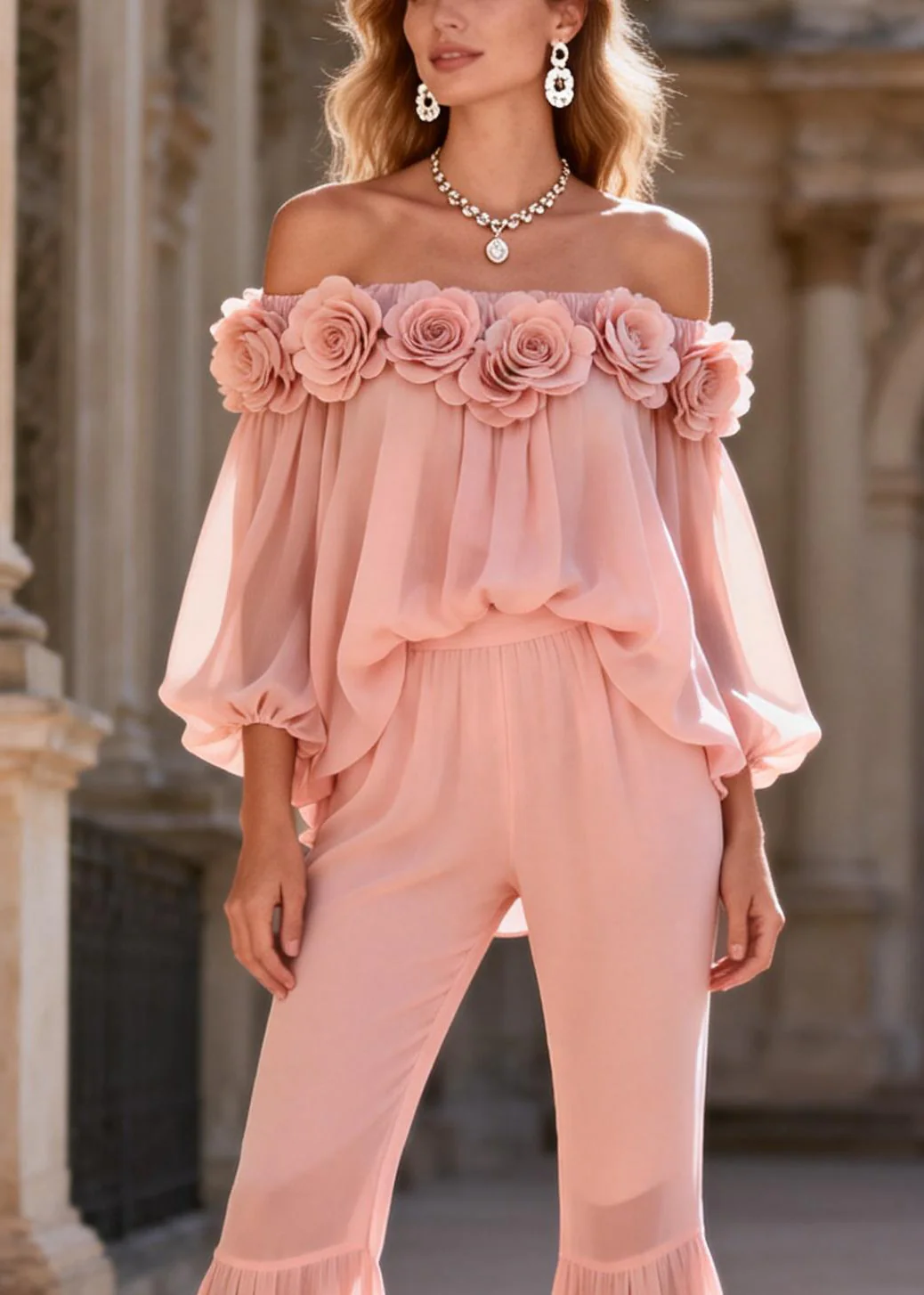 Cute Pink Slash Neck Chiffon Top And Flared Trousers Two Pieces Set Lantern Sleeve - Image 2