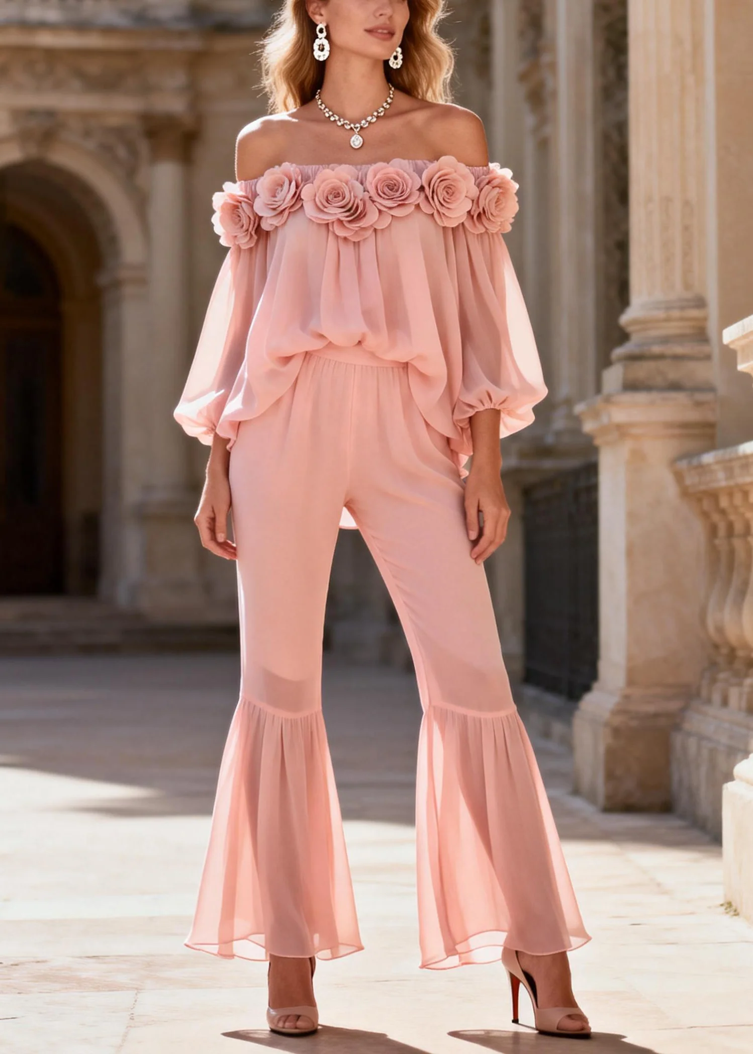 Cute Pink Slash Neck Chiffon Top And Flared Trousers Two Pieces Set Lantern Sleeve - Image 3