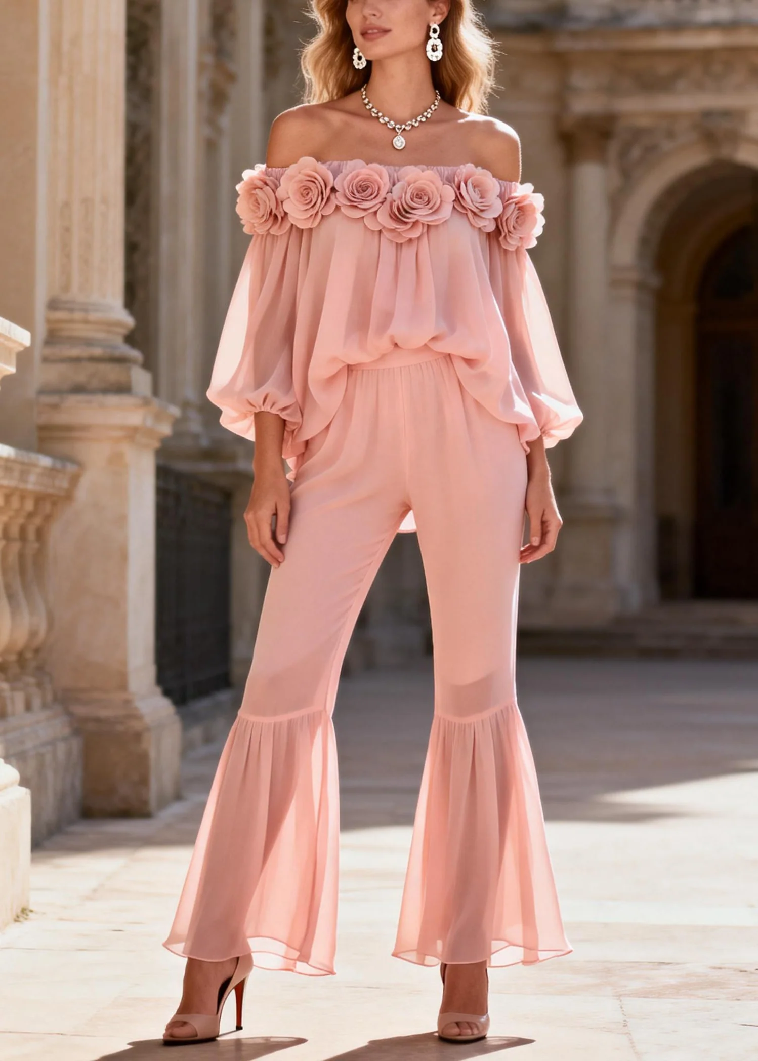 Cute Pink Slash Neck Chiffon Top And Flared Trousers Two Pieces Set Lantern Sleeve - Image 5