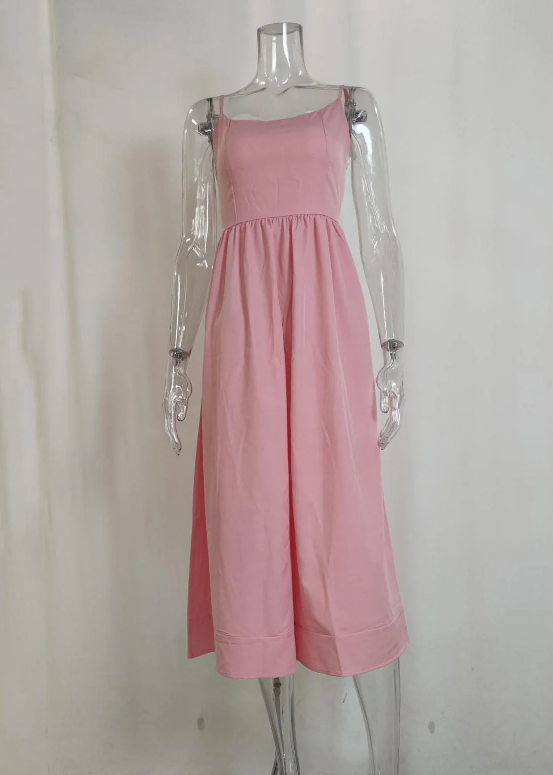 Cute Pink Slash Neck Patchwork Maxi Spaghetti Strap Dress Sleeveless - Image 3