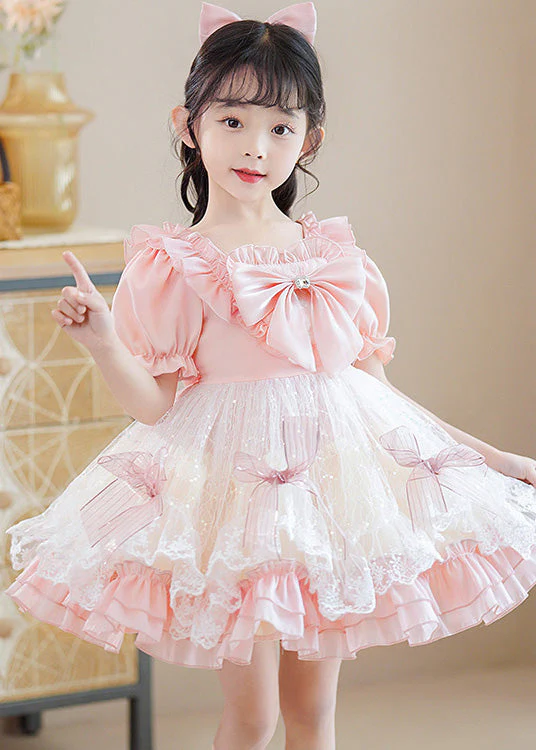 Cute Pink Square Collar Patchwork Bow Kids Mid Dresses Short Sleeve - Image 2