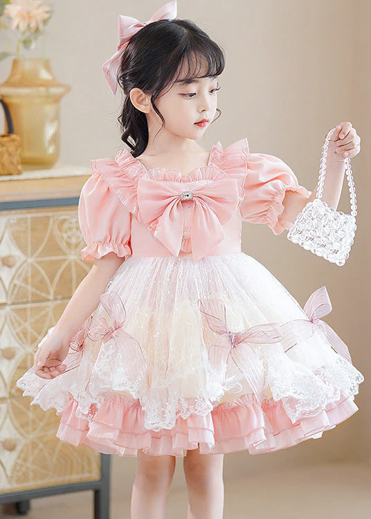 Cute Pink Square Collar Patchwork Bow Kids Mid Dresses Short Sleeve - Image 3