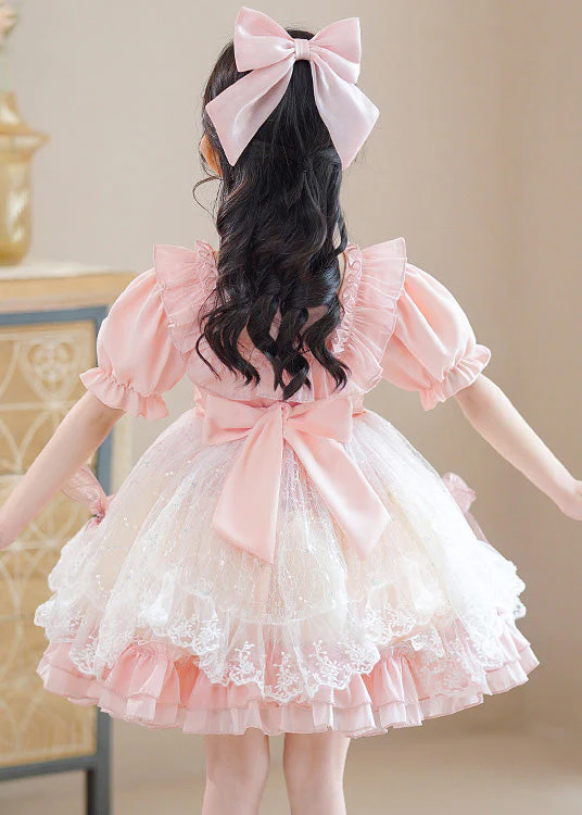 Cute Pink Square Collar Patchwork Bow Kids Mid Dresses Short Sleeve - Image 4