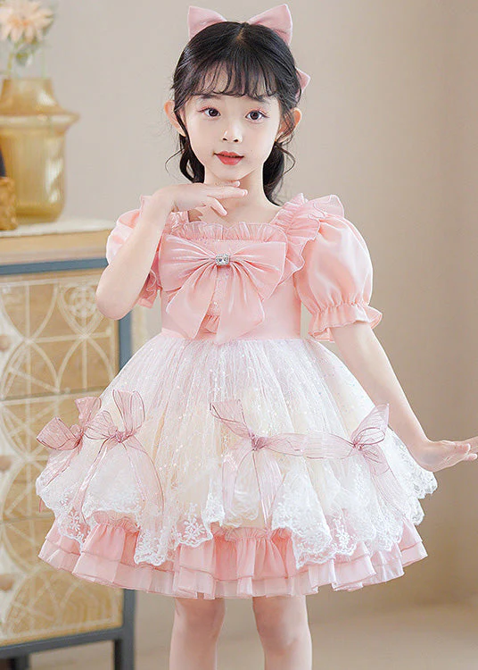 Cute Pink Square Collar Patchwork Bow Kids Mid Dresses Short Sleeve - Image 5