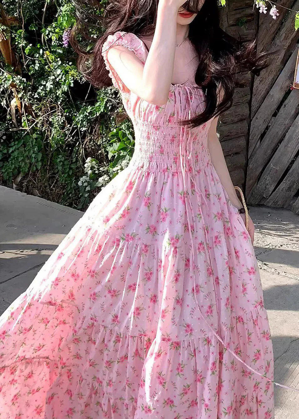 Cute Pink Square Collar Print Elastic Waist Maxi Dress Summer - Image 3