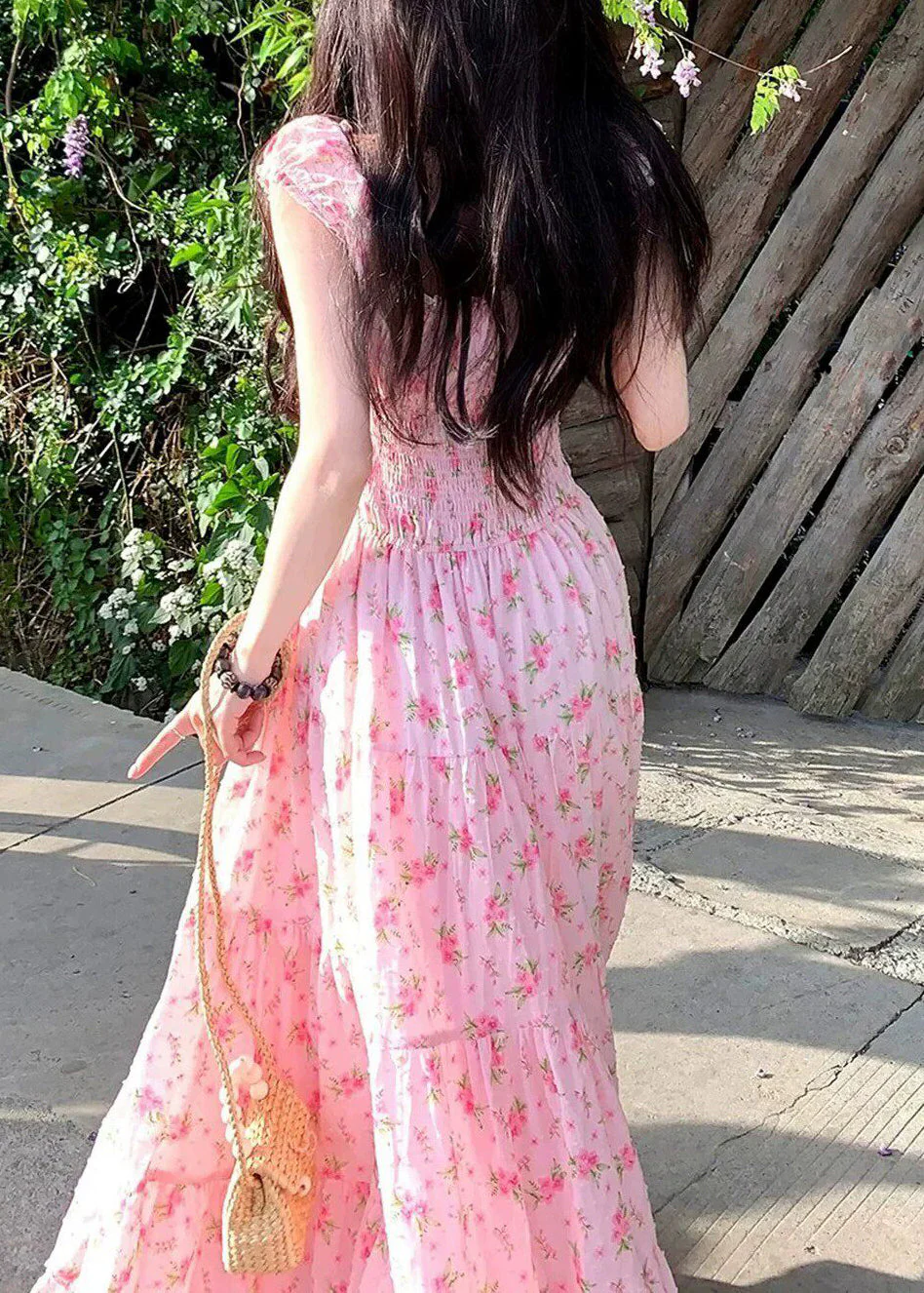 Cute Pink Square Collar Print Elastic Waist Maxi Dress Summer - Image 5
