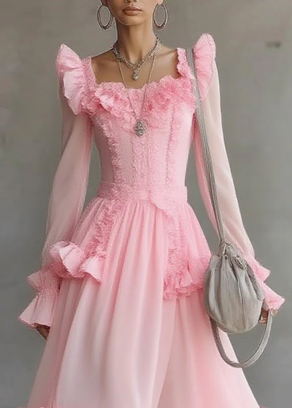 Cute Pink Square Collar Ruffled Patchwork Tulle Maxi Dress Lantern Sleeve - Image 2