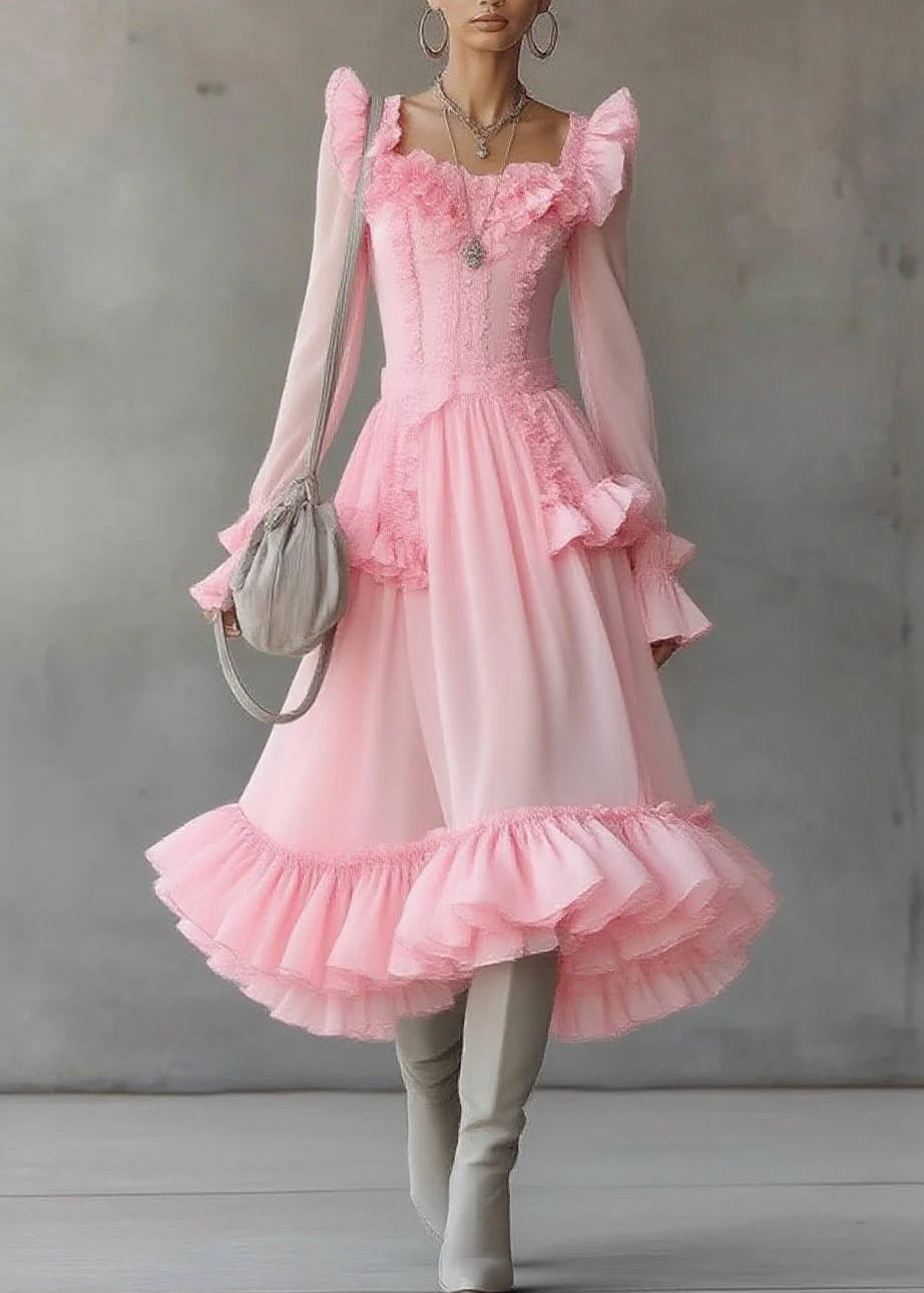 Cute Pink Square Collar Ruffled Patchwork Tulle Maxi Dress Lantern Sleeve - Image 3