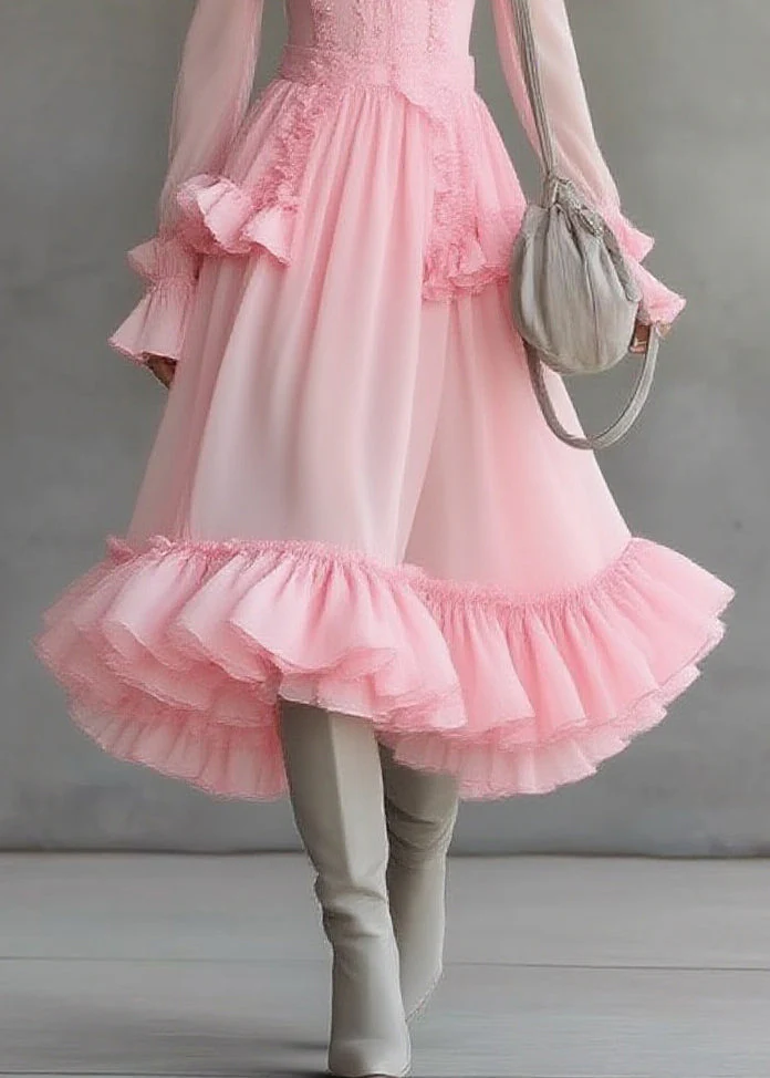Cute Pink Square Collar Ruffled Patchwork Tulle Maxi Dress Lantern Sleeve - Image 4