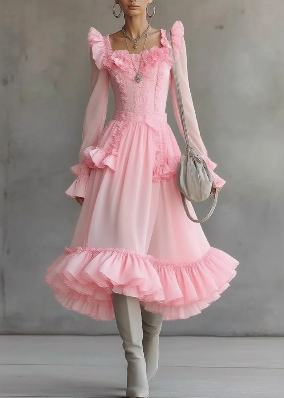 Cute Pink Square Collar Ruffled Patchwork Tulle Maxi Dress Lantern Sleeve - Image 5