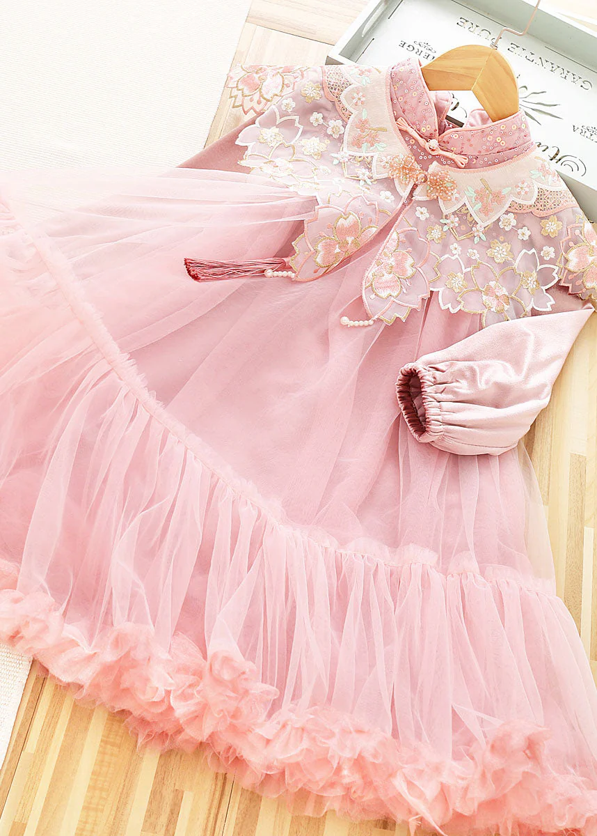 Cute Pink Stand Collar Sequins Patchwork Tulle Girls Shawl And Dress Two Pieces Set Long Sleeve - Image 4