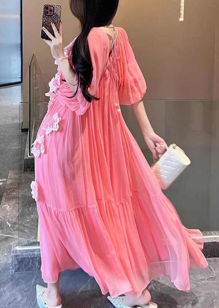 Cute Pink V Neck Floral Silk Vacation Long Dresses Short Sleeve - Image 2