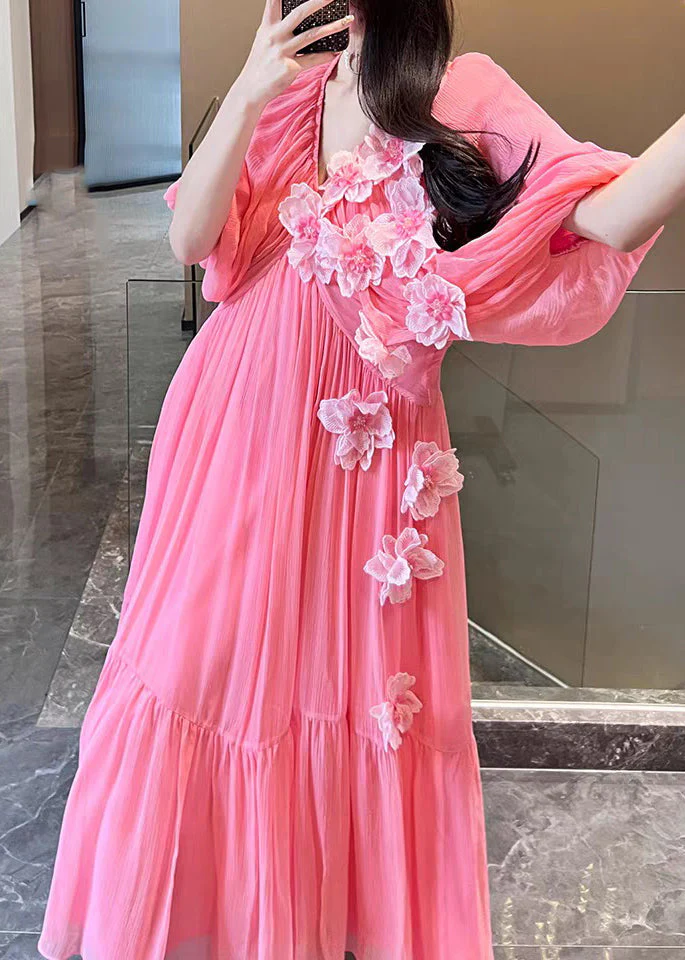 Cute Pink V Neck Floral Silk Vacation Long Dresses Short Sleeve - Image 3