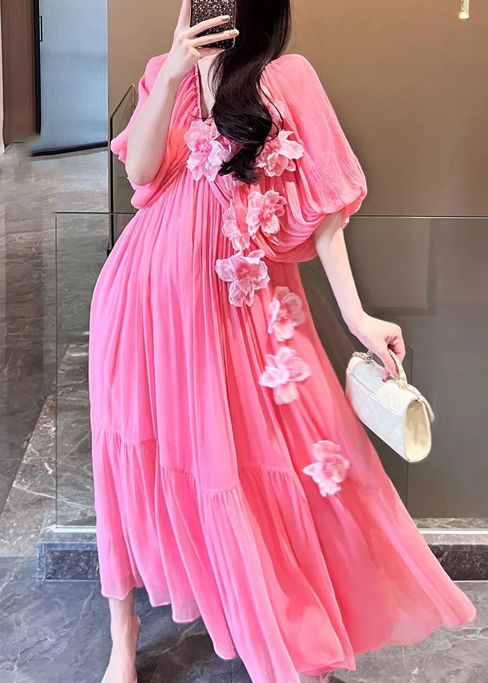 Cute Pink V Neck Floral Silk Vacation Long Dresses Short Sleeve - Image 4
