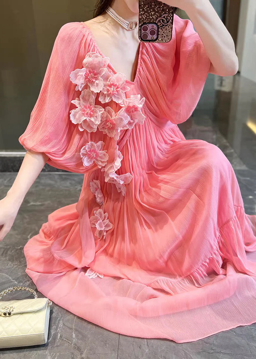 Cute Pink V Neck Floral Silk Vacation Long Dresses Short Sleeve - Image 5
