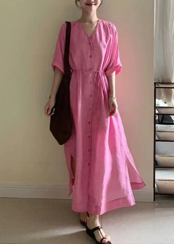 Cute Pink V Neck Side Open Tie Waist Maxi Dresses Long Sleeve - Image 2