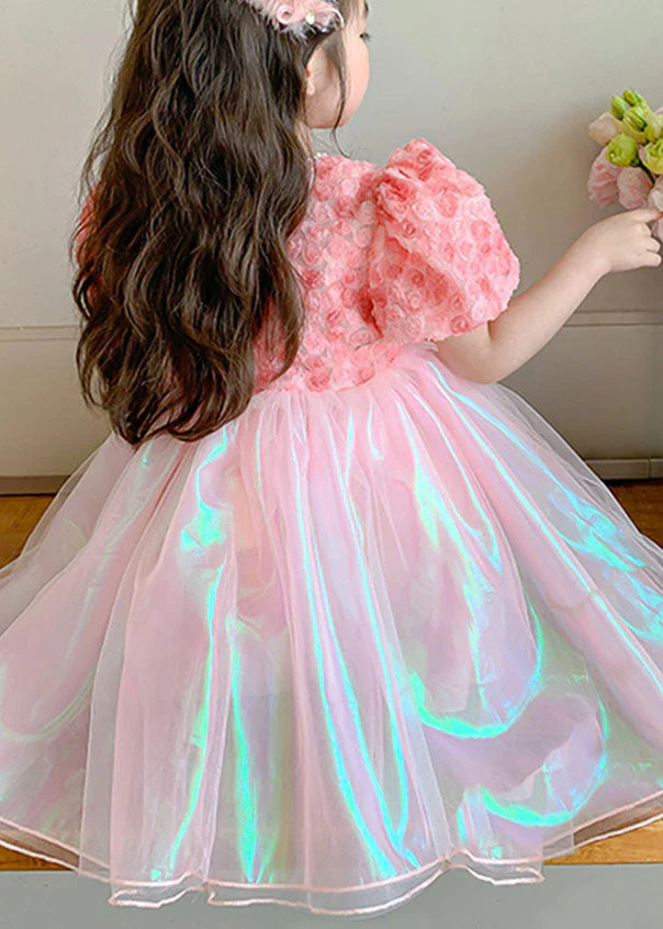 Cute Pink Wrinkled Nail Bead Patchwork Tulle Baby Girls Dress Short Sleeve - Image 2