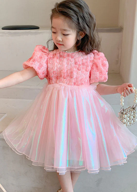 Cute Pink Wrinkled Nail Bead Patchwork Tulle Baby Girls Dress Short Sleeve - Image 3