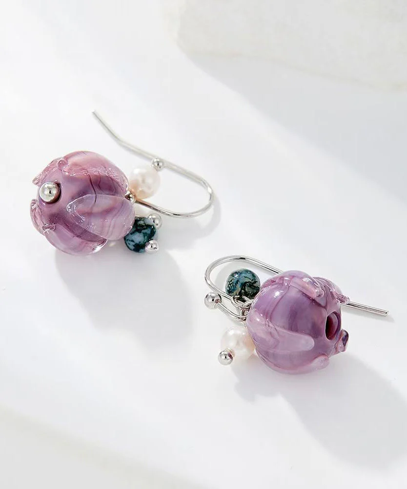 Cute Purple Alloy Pearl Colored Glaze Floral Drop Earrings - Image 3
