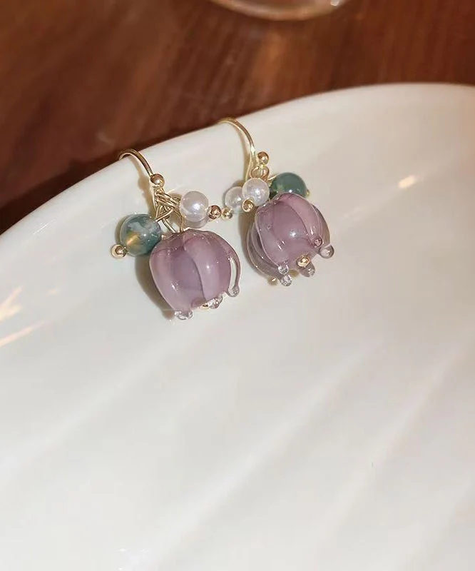 Cute Purple Alloy Pearl Colored Glaze Floral Drop Earrings - Image 4
