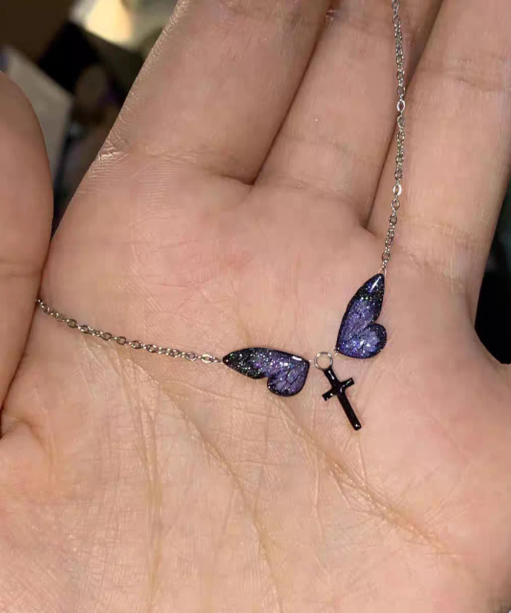 Cute Purple Silver Alloy Zircon Butterfly Cross Pendant Necklace - Image 3