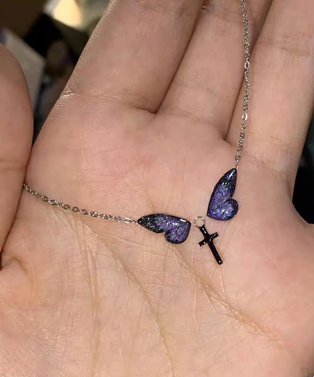 Cute Purple Silver Alloy Zircon Butterfly Cross Pendant Necklace - Image 5