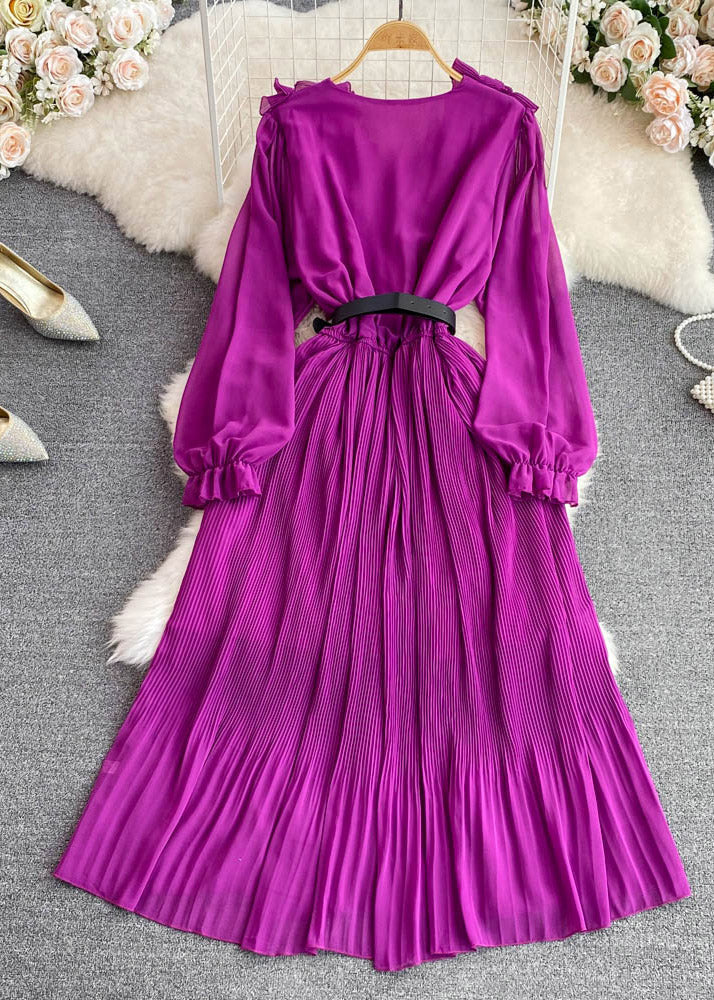 Cute Purple V Neck Ruffled Tunic Sashes Maxi Dress Puff Sleeve - Image 2