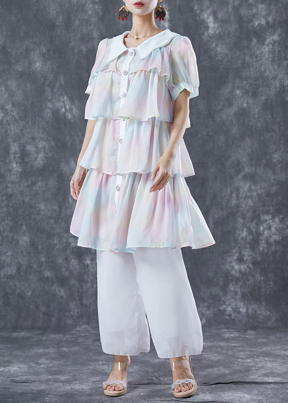 Cute Rainbow Peter Pan Collar Layered Ruffles Chiffon Dresses Summer - Image 2