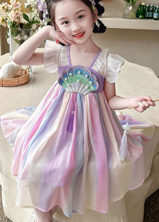 Cute Rainbow Ruffled Nail Bead Patchwork Chiffon Baby Girls Dress Summer - Image 2