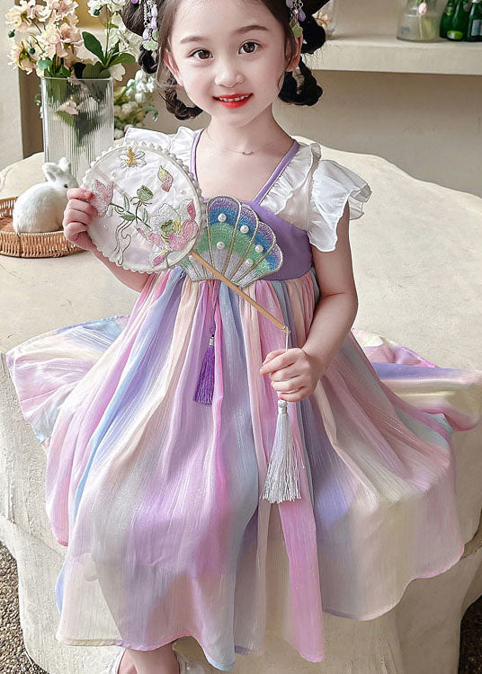 Cute Rainbow Ruffled Nail Bead Patchwork Chiffon Baby Girls Dress Summer - Image 3