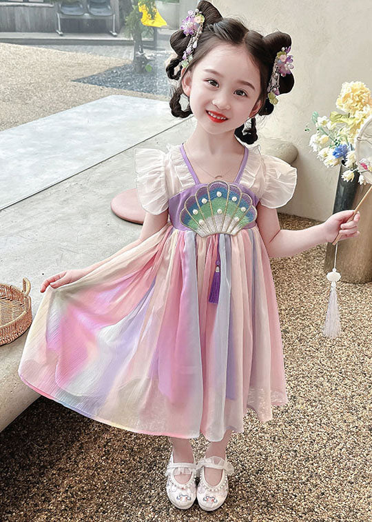 Cute Rainbow Ruffled Nail Bead Patchwork Chiffon Baby Girls Dress Summer - Image 4