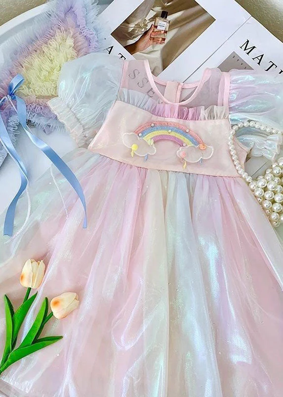 Cute Rainbow Ruffled Patchwork Tulle Baby Girls Dresses Summer - Image 5