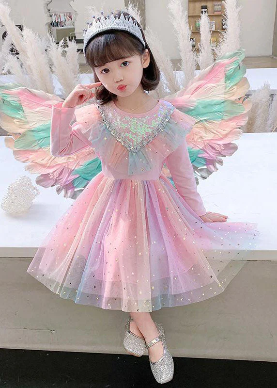 Cute Rainbow Ruffled Sequins Patchwork Tulle Baby Girls Party Dress Long Sleeve - Image 2