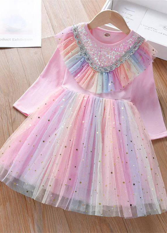 Cute Rainbow Ruffled Sequins Patchwork Tulle Baby Girls Party Dress Long Sleeve - Image 3