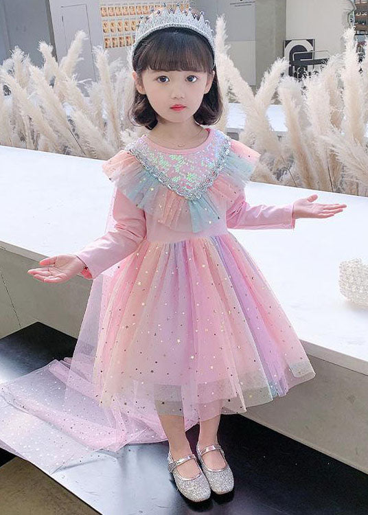 Cute Rainbow Ruffled Sequins Patchwork Tulle Baby Girls Party Dress Long Sleeve - Image 4