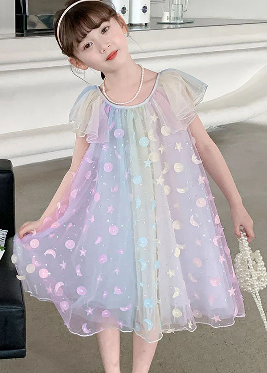 Cute Rainbow Sequins Wrinkled Patchwork Tulle Kids Girls Princess Dress Summer - Image 2