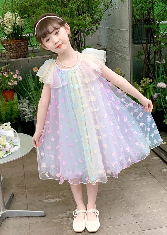Cute Rainbow Sequins Wrinkled Patchwork Tulle Kids Girls Princess Dress Summer - Image 3