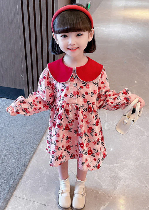 Cute Red Peter Pan Collar Print Cotton Girls Dresses Long Sleeve - Image 2