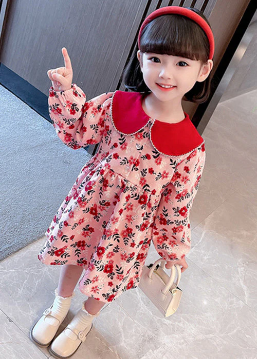 Cute Red Peter Pan Collar Print Cotton Girls Dresses Long Sleeve - Image 3